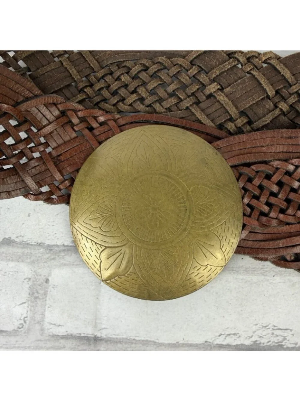 Medallion Buckle Genuine Leather Braided Wide Belt Brown Size M/L